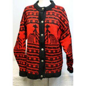 Greek Knitwear Red Black Sweater Long Sleeve Wool Button Up Women's Sz XL
